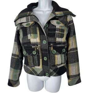RUE 21 Pea Coat Women's Size Small Green /Gray Plaid Wool‎ Blend Winter Jacket